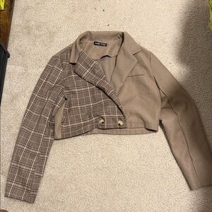 SHEIN Tan and Plaid Cropped Blazer